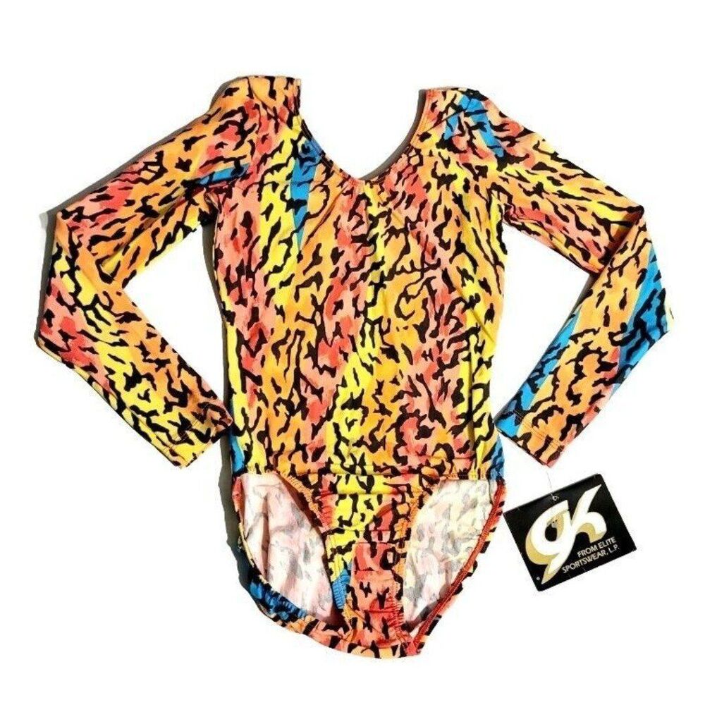 GK Elite VTG Long Sleeve Cotton Leotard Bodysuit Adult XS Neon Tie Dye Leopard